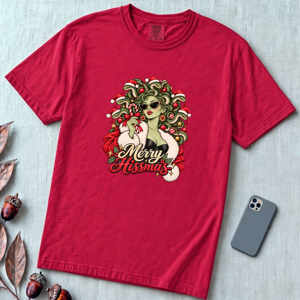 Merry Hissmas Medusa Christmas T-Shirt - Red unfolded t-shirt mockup