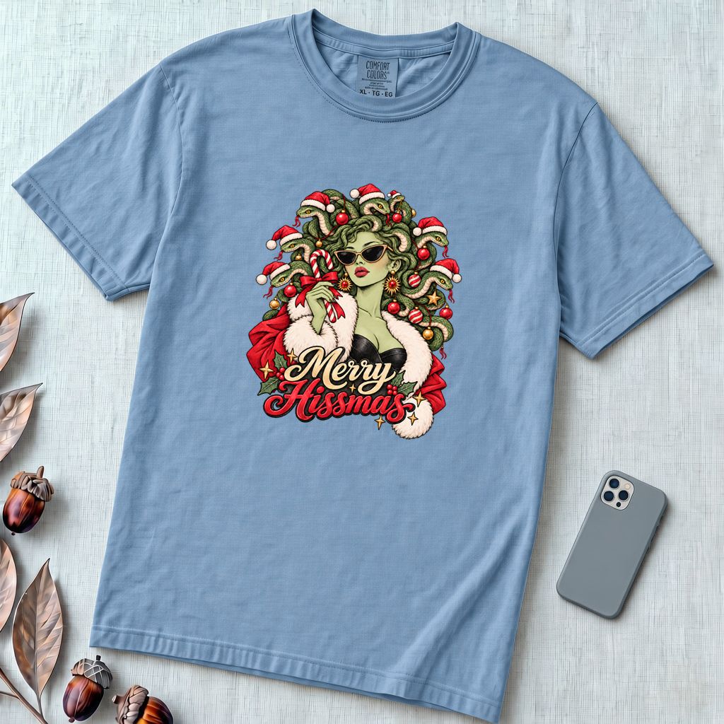 Merry Hissmas Medusa Christmas T-Shirt - Washed Denim unfolded t-shirt mockup
