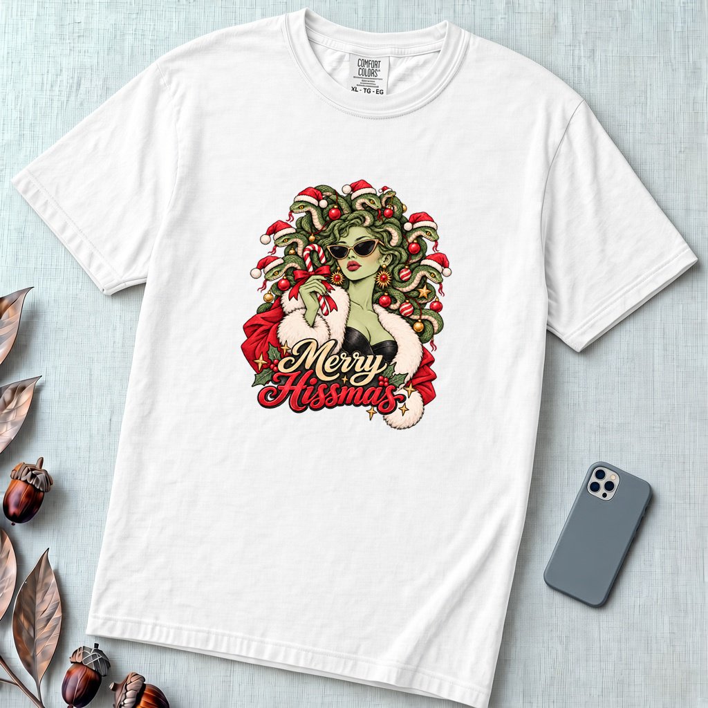 Merry Hissmas Medusa Christmas T-Shirt - White unfolded t-shirt mockup