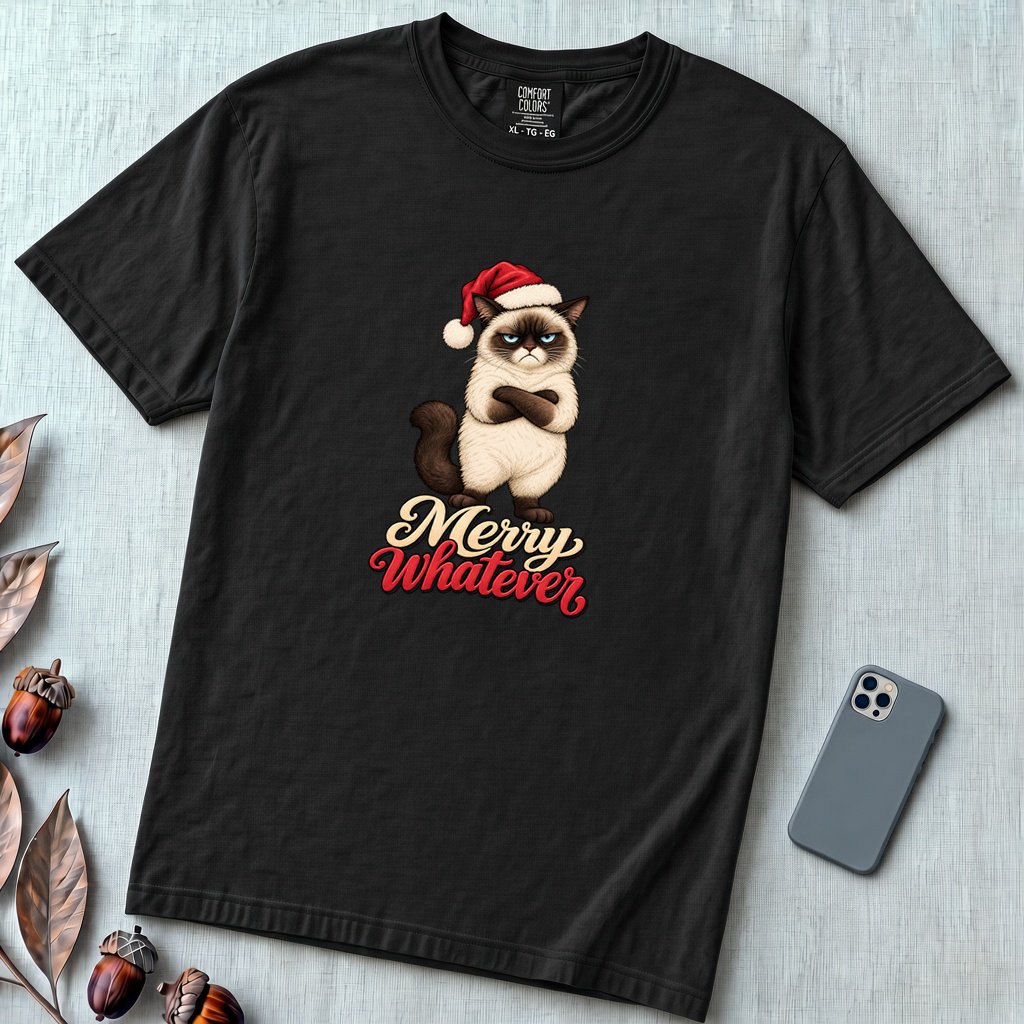Merry Whatever Grumpy Cat Christmas T-Shirt - Black unfolded t-shirt mockup