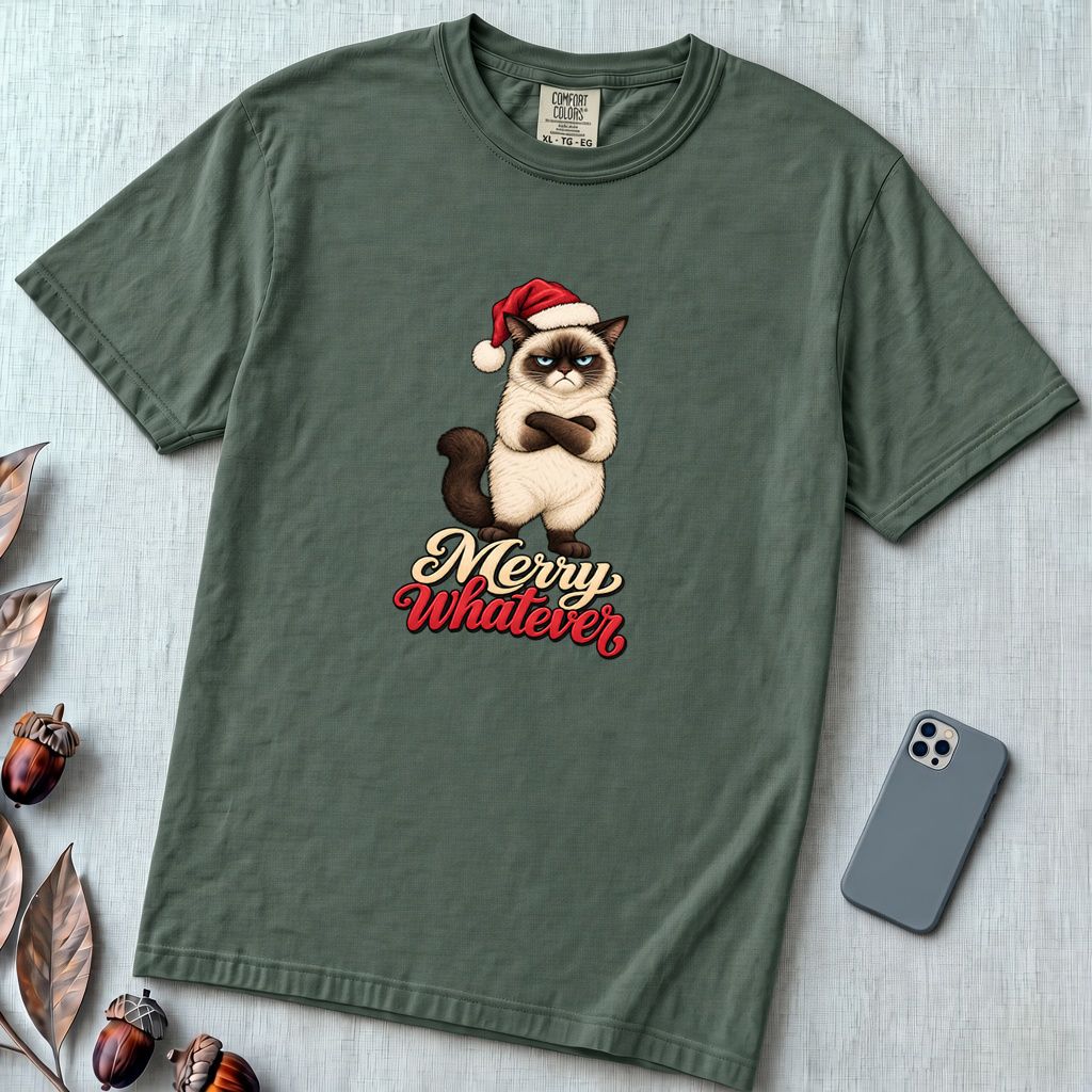 Merry Whatever Grumpy Cat Christmas T-Shirt - Blue Spruce unfolded t-shirt mockup