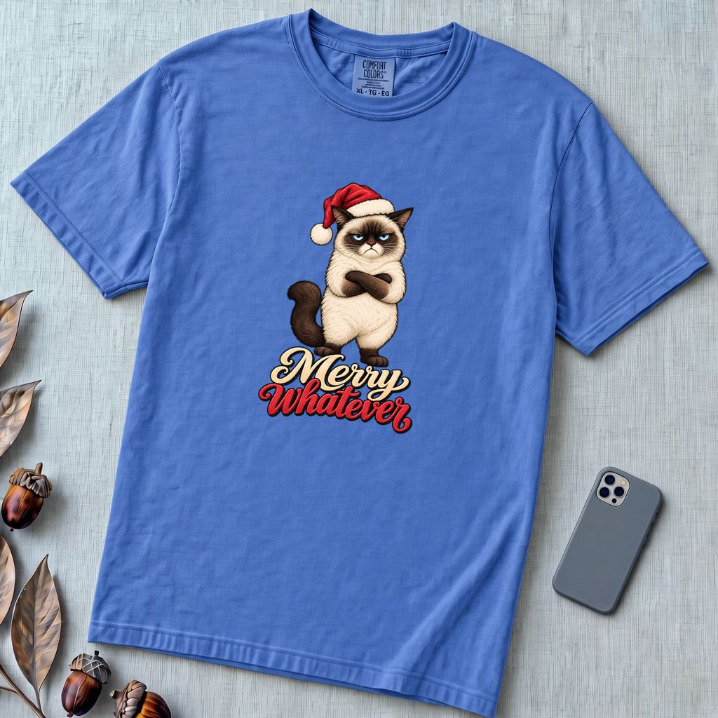 Merry Whatever Grumpy Cat Christmas T-Shirt - Flo Blue unfolded t-shirt mockup