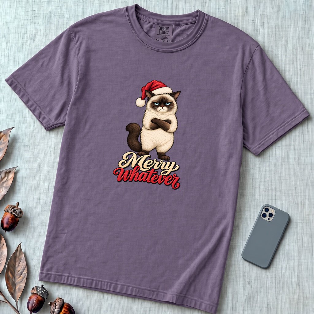 Merry Whatever Grumpy Cat Christmas T-Shirt - Grape unfolded t-shirt mockup