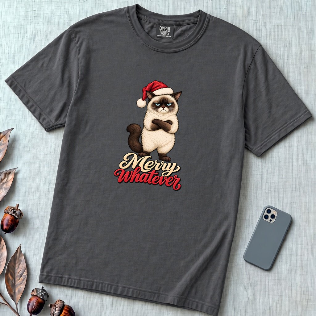 Merry Whatever Grumpy Cat Christmas T-Shirt - Graphite unfolded t-shirt mockup