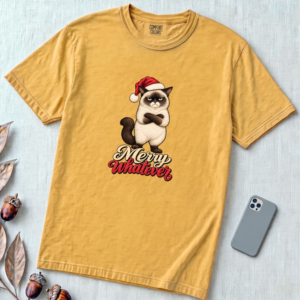 Merry Whatever Grumpy Cat Christmas T-Shirt - Mustard unfolded t-shirt mockup