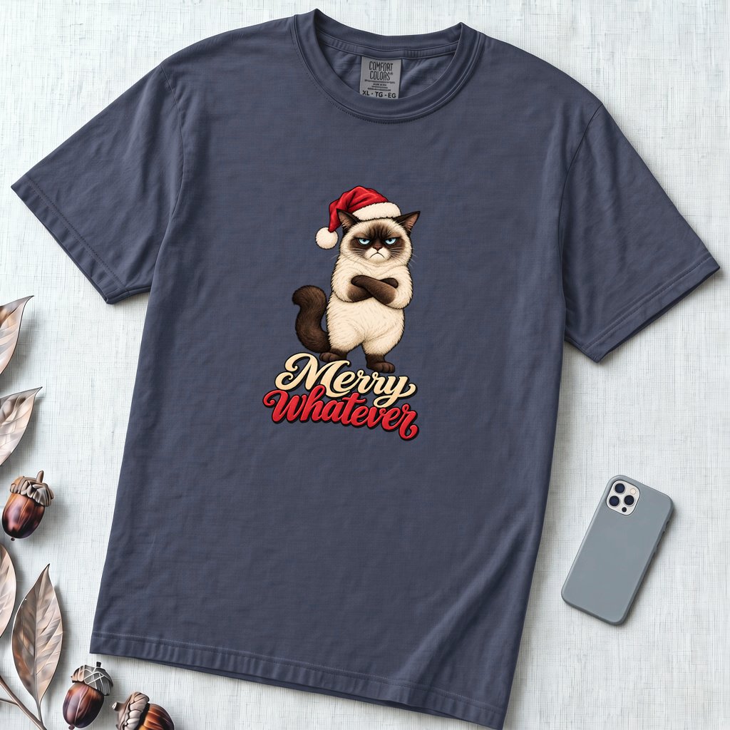 Merry Whatever Grumpy Cat Christmas T-Shirt - Navy unfolded t-shirt mockup
