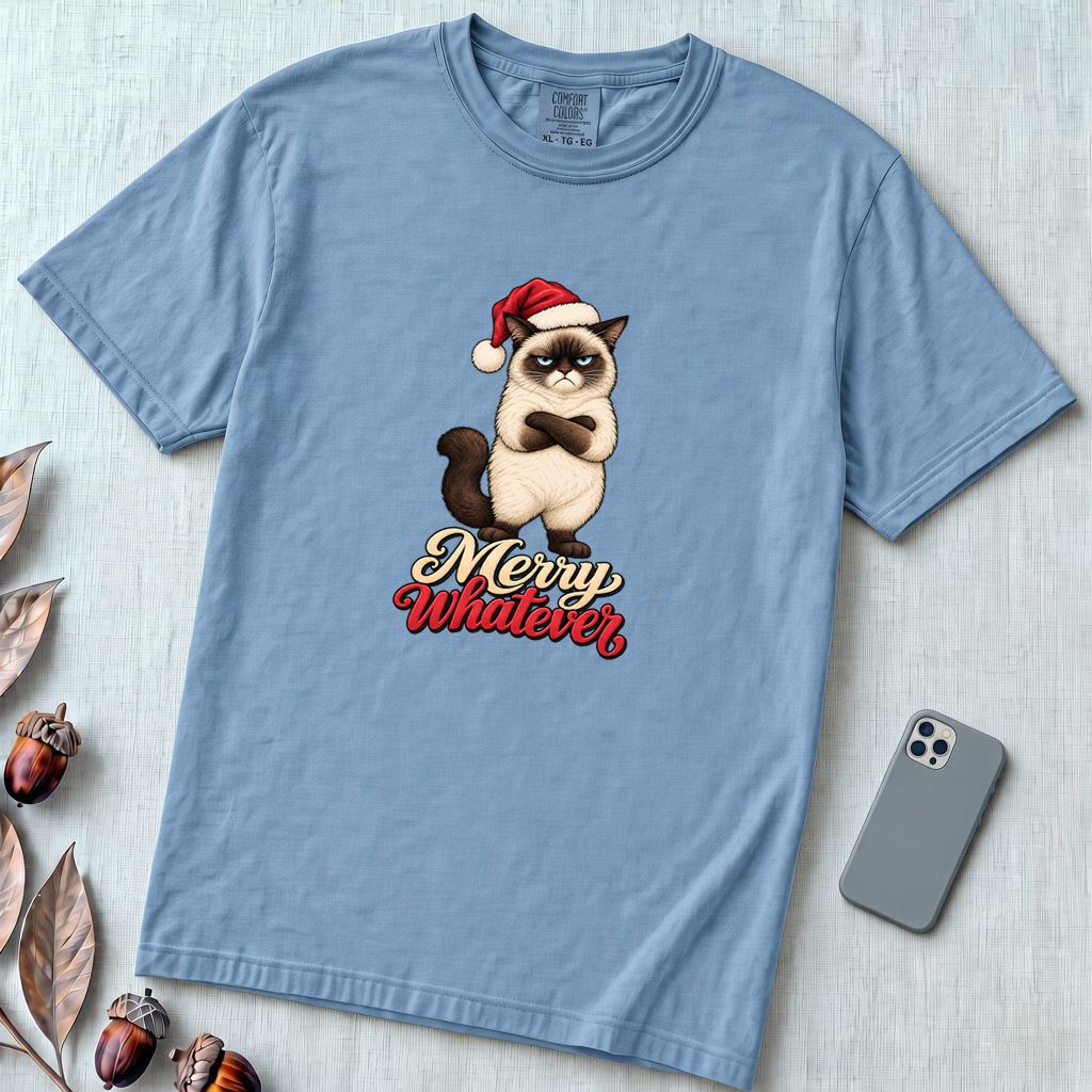 Merry Whatever Grumpy Cat Christmas T-Shirt - Washed Denim unfolded t-shirt mockup