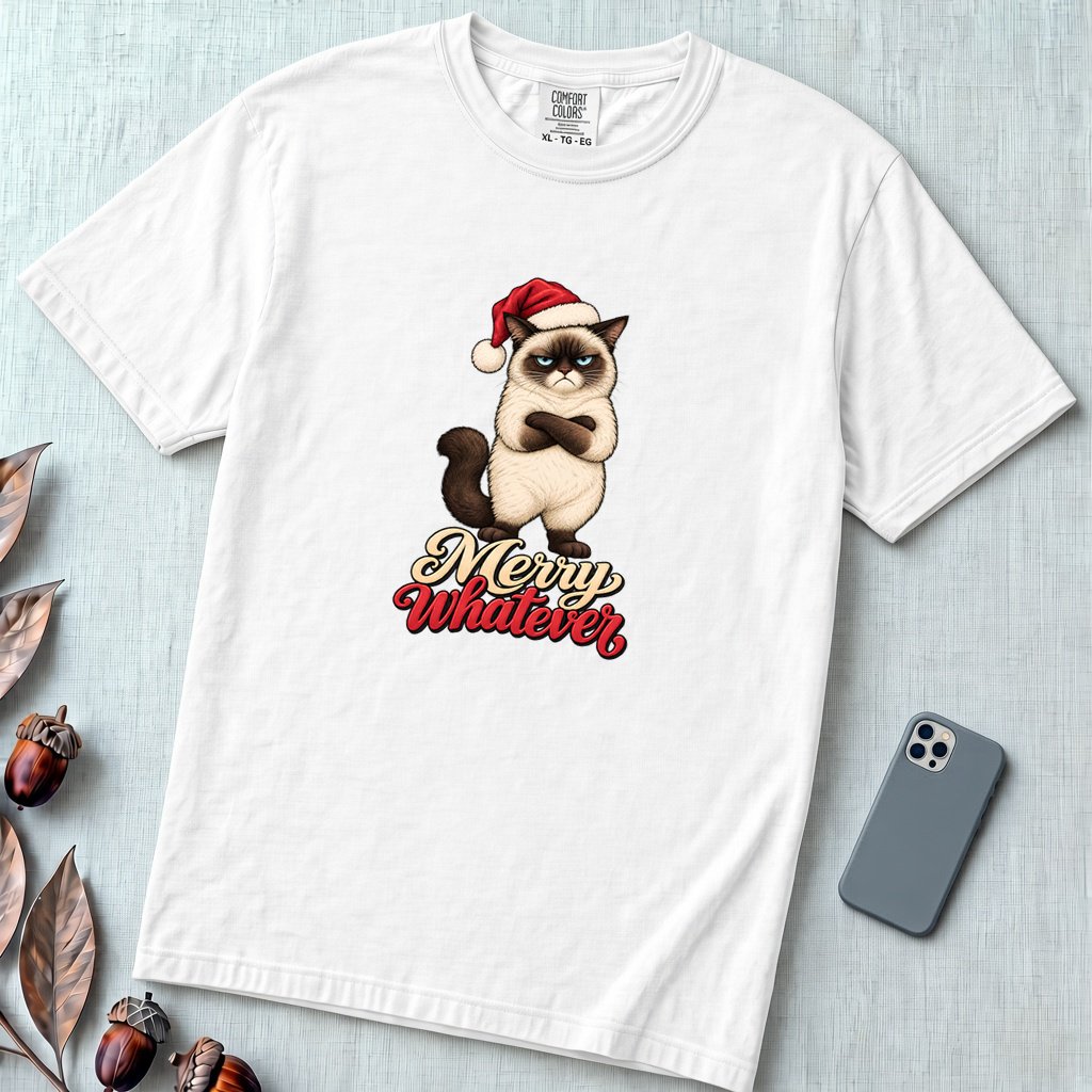 Merry Whatever Grumpy Cat Christmas T-Shirt - White unfolded t-shirt mockup