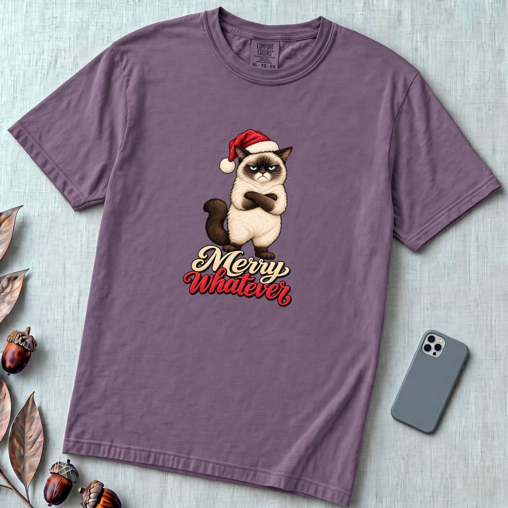 Merry Whatever Grumpy Cat Christmas T-Shirt - Wine unfolded t-shirt mockup