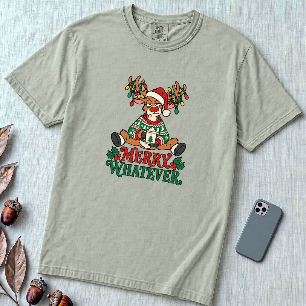 Merry Whatever Reindeer T-Shirt, Christmas Humor - Bay unfolded t-shirt mockup