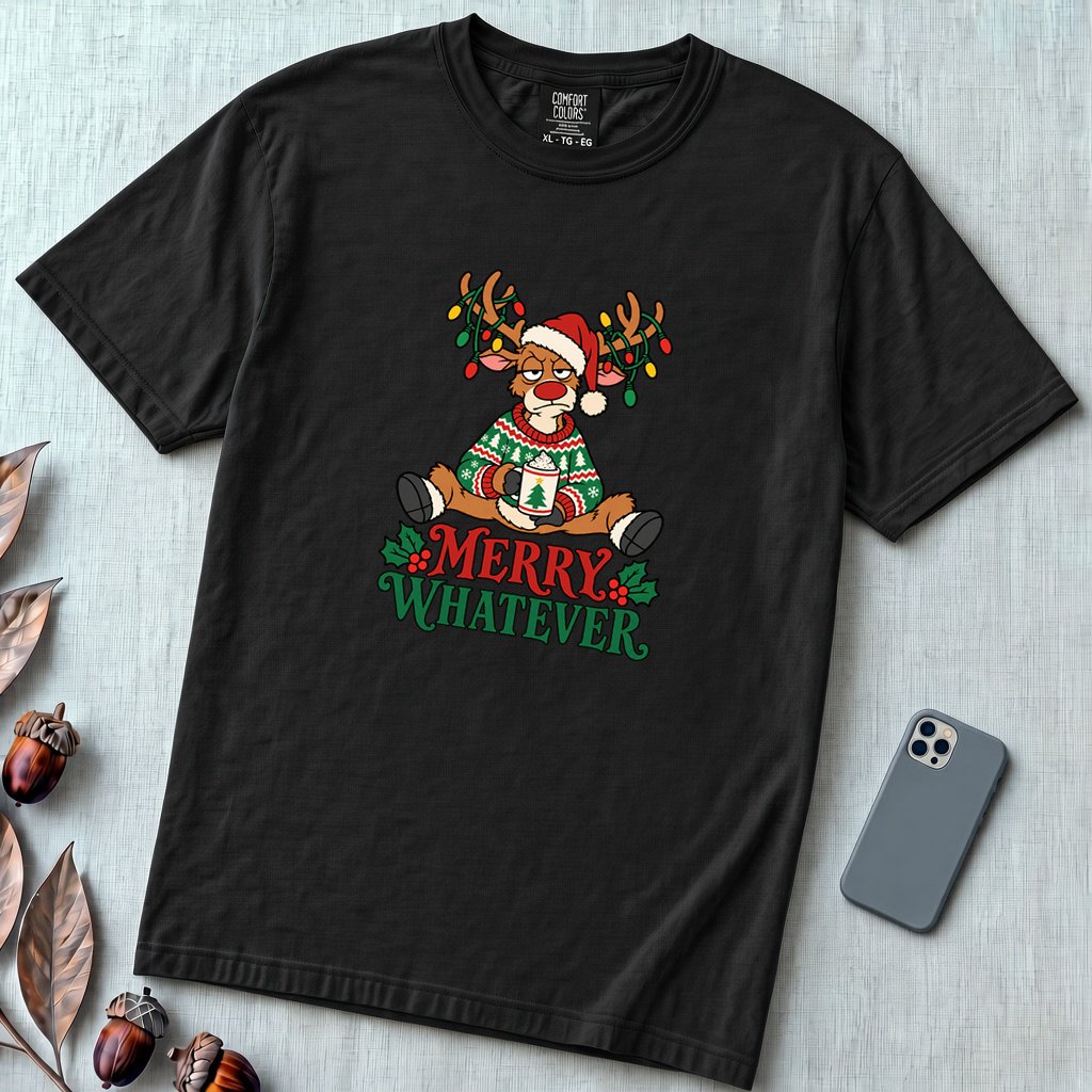 Merry Whatever Reindeer T-Shirt, Christmas Humor - Black unfolded t-shirt mockup