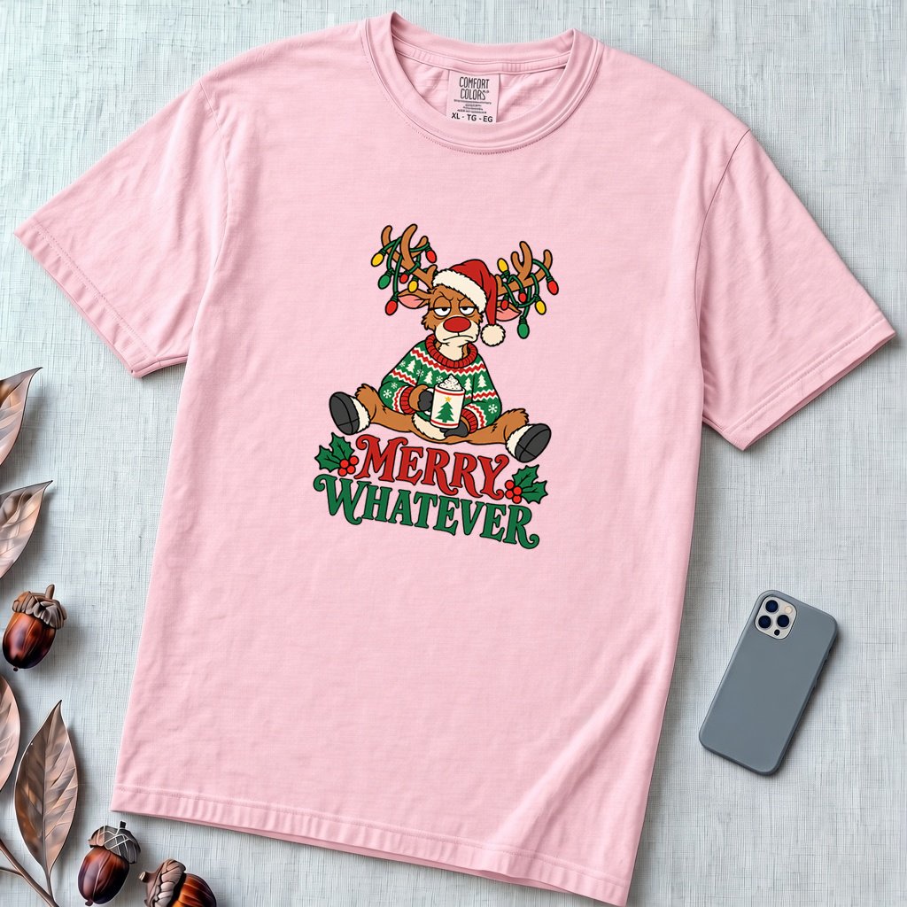 Merry Whatever Reindeer T-Shirt, Christmas Humor - Blossom unfolded t-shirt mockup