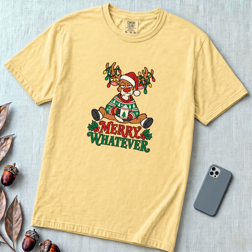 Merry Whatever Reindeer T-Shirt, Christmas Humor - Butter unfolded t-shirt mockup
