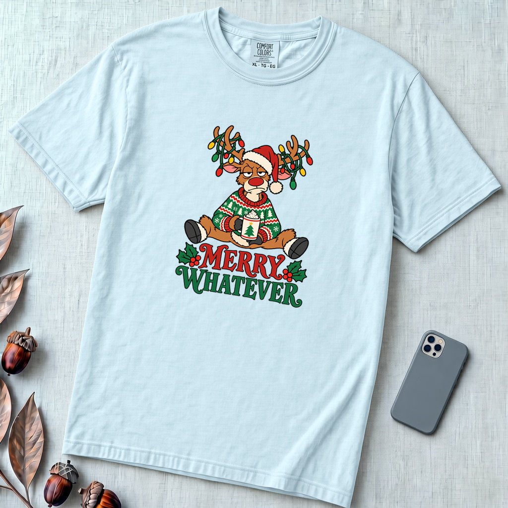 Merry Whatever Reindeer T-Shirt, Christmas Humor - Chambray unfolded t-shirt mockup