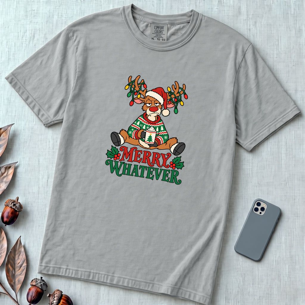 Merry Whatever Reindeer T-Shirt, Christmas Humor - Granite unfolded t-shirt mockup