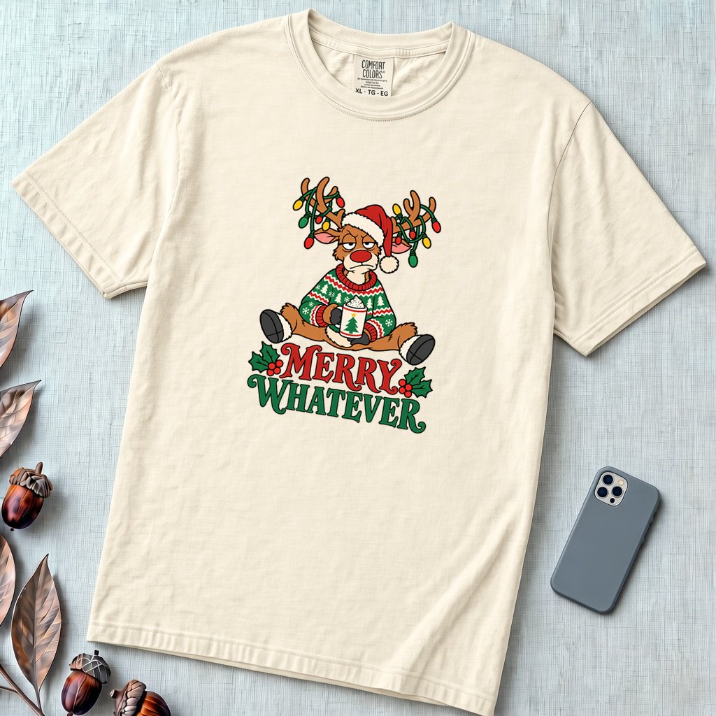Merry Whatever Reindeer T-Shirt, Christmas Humor - Ivory unfolded t-shirt mockup
