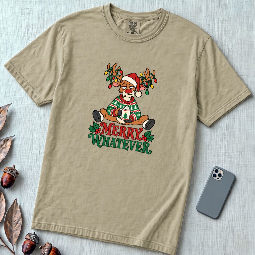 Merry Whatever Reindeer T-Shirt, Christmas Humor - Khaki unfolded t-shirt mockup