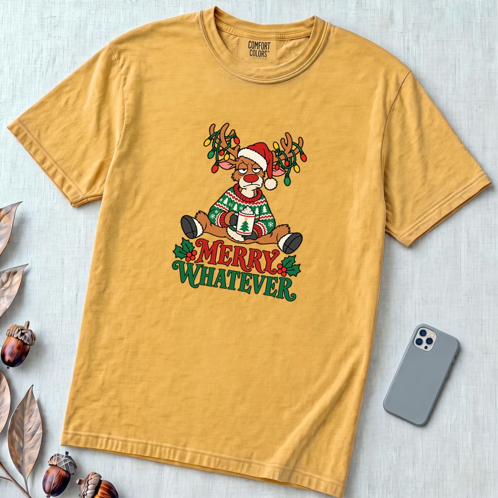 Merry Whatever Reindeer T-Shirt, Christmas Humor - Mustard unfolded t-shirt mockup