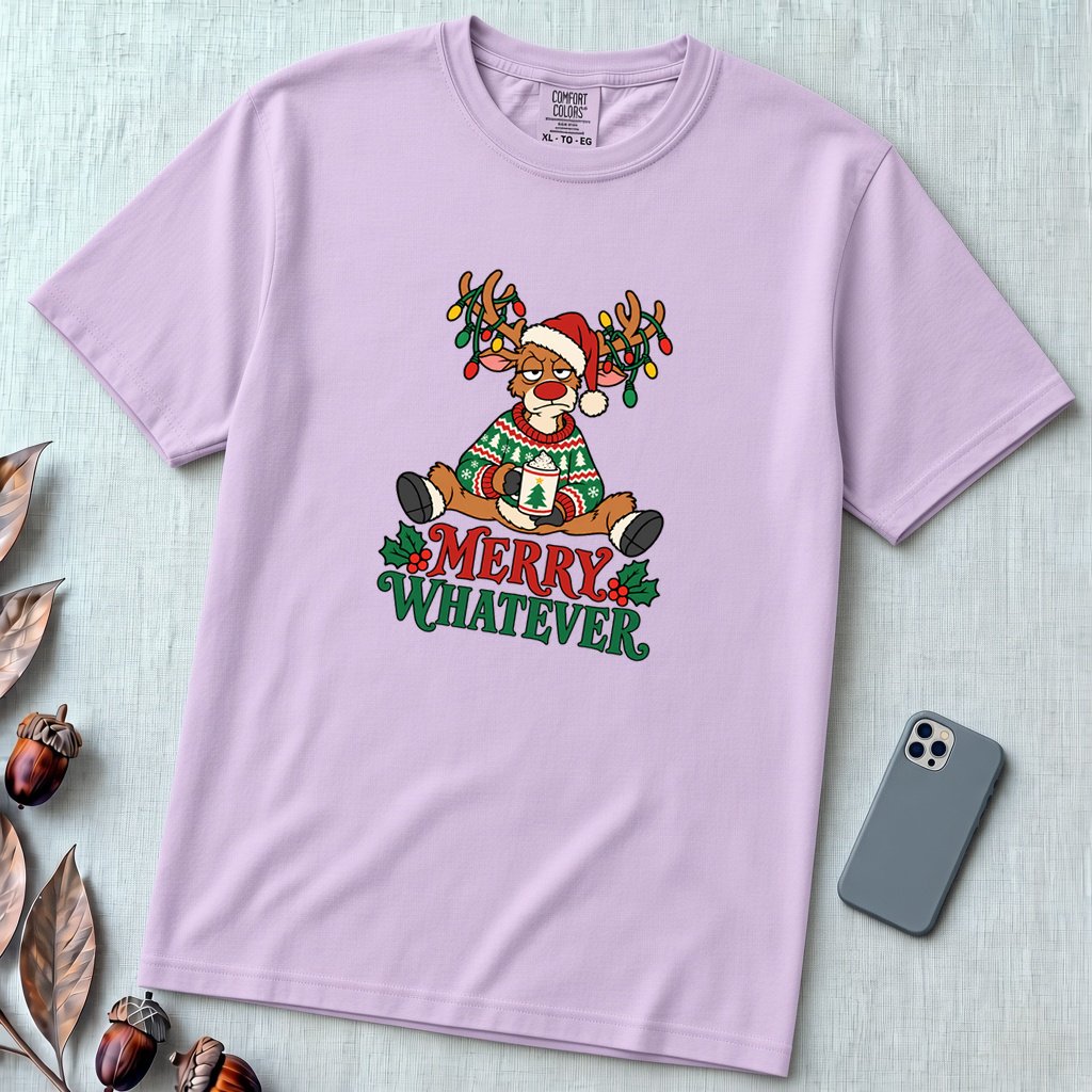 Merry Whatever Reindeer T-Shirt, Christmas Humor - Orchid unfolded t-shirt mockup