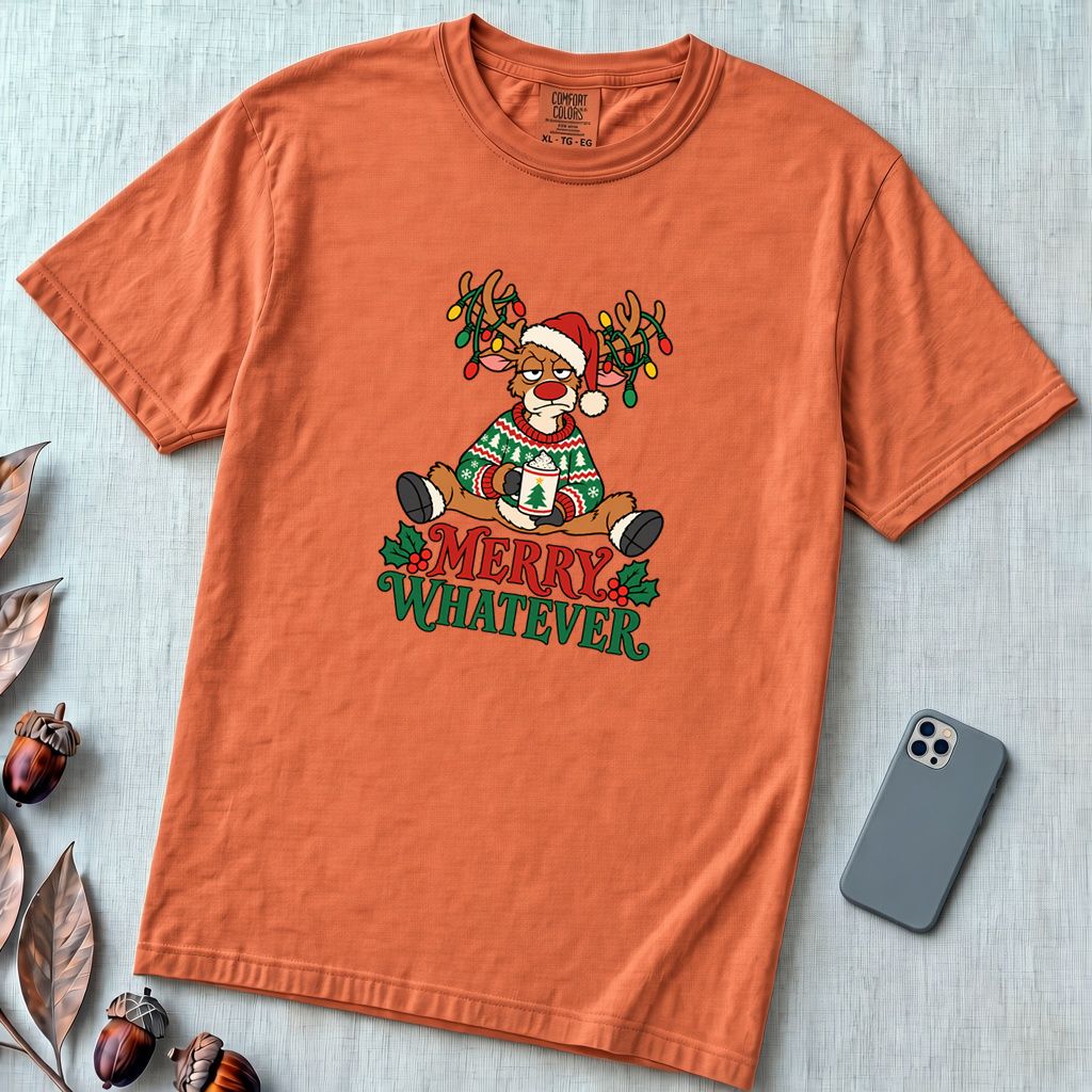 Merry Whatever Reindeer T-Shirt, Christmas Humor - Terracotta unfolded t-shirt mockup