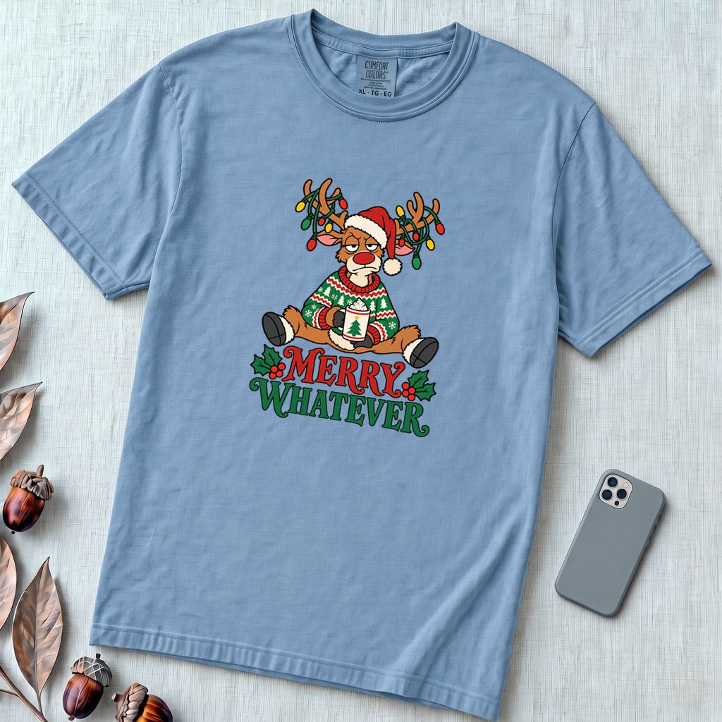 Merry Whatever Reindeer T-Shirt, Christmas Humor - Washed Denim unfolded t-shirt mockup