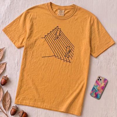 Minimalist Cat T-Shirt, Funny Stairs Line Art Tee - Mustard unfolded t-shirt mockup