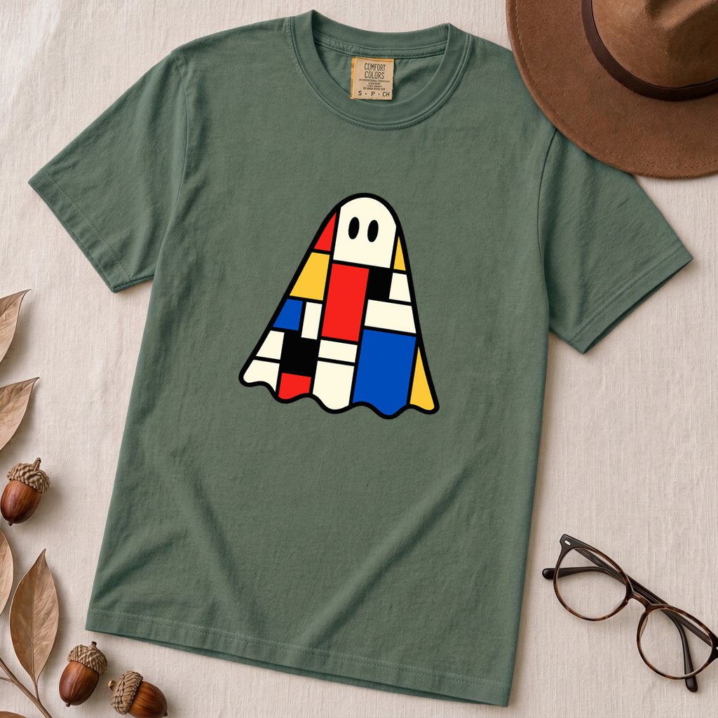 Mondrian-Inspired Ghost T-Shirt - Blue Spruce unfolded t-shirt mockup