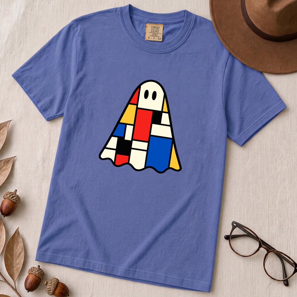 Mondrian-Inspired Ghost T-Shirt - Flo Blue unfolded t-shirt mockup