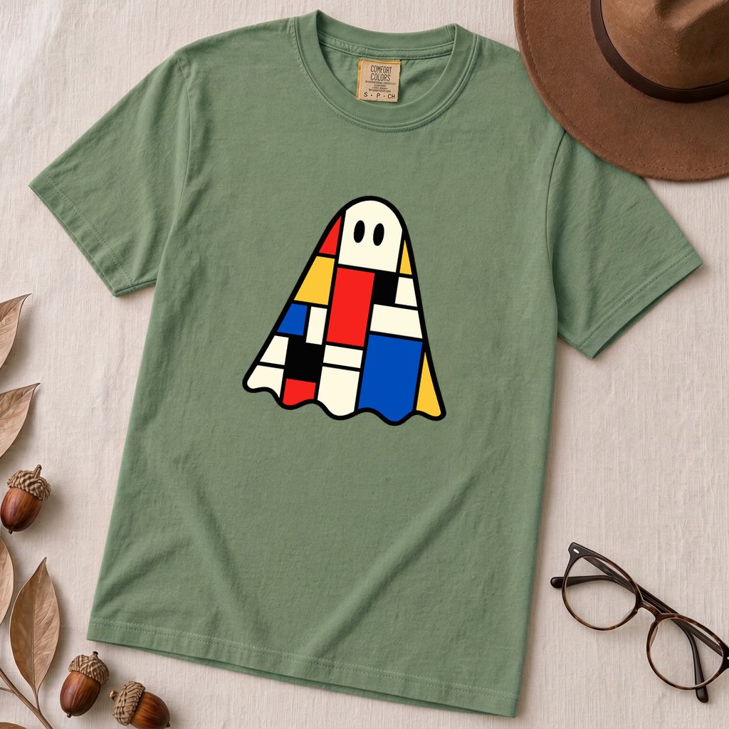Mondrian-Inspired Ghost T-Shirt - Light Green unfolded t-shirt mockup