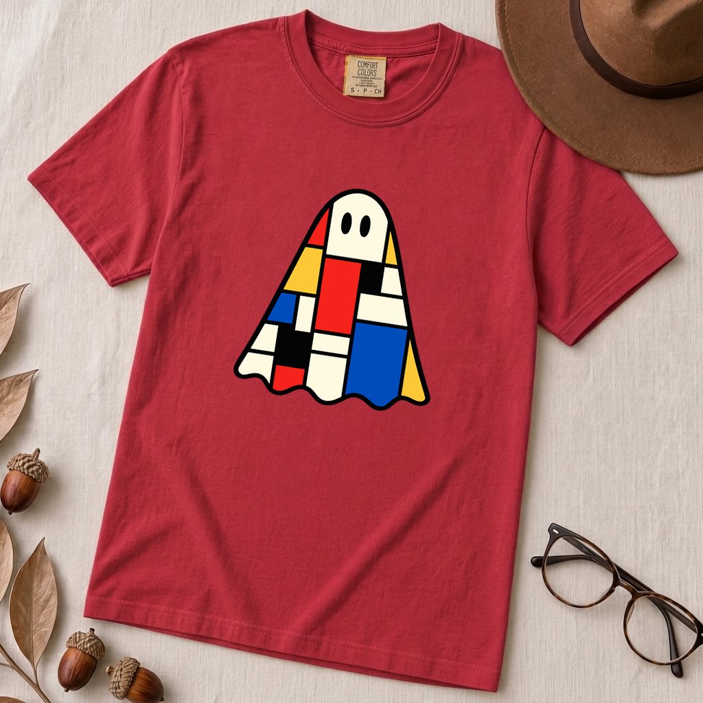 Mondrian-Inspired Ghost T-Shirt - Red unfolded t-shirt mockup
