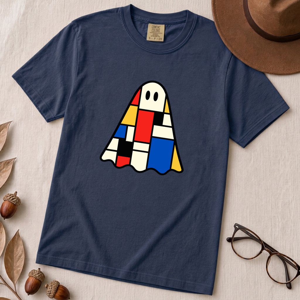 Mondrian-Inspired Ghost T-Shirt - True Navy unfolded t-shirt mockup
