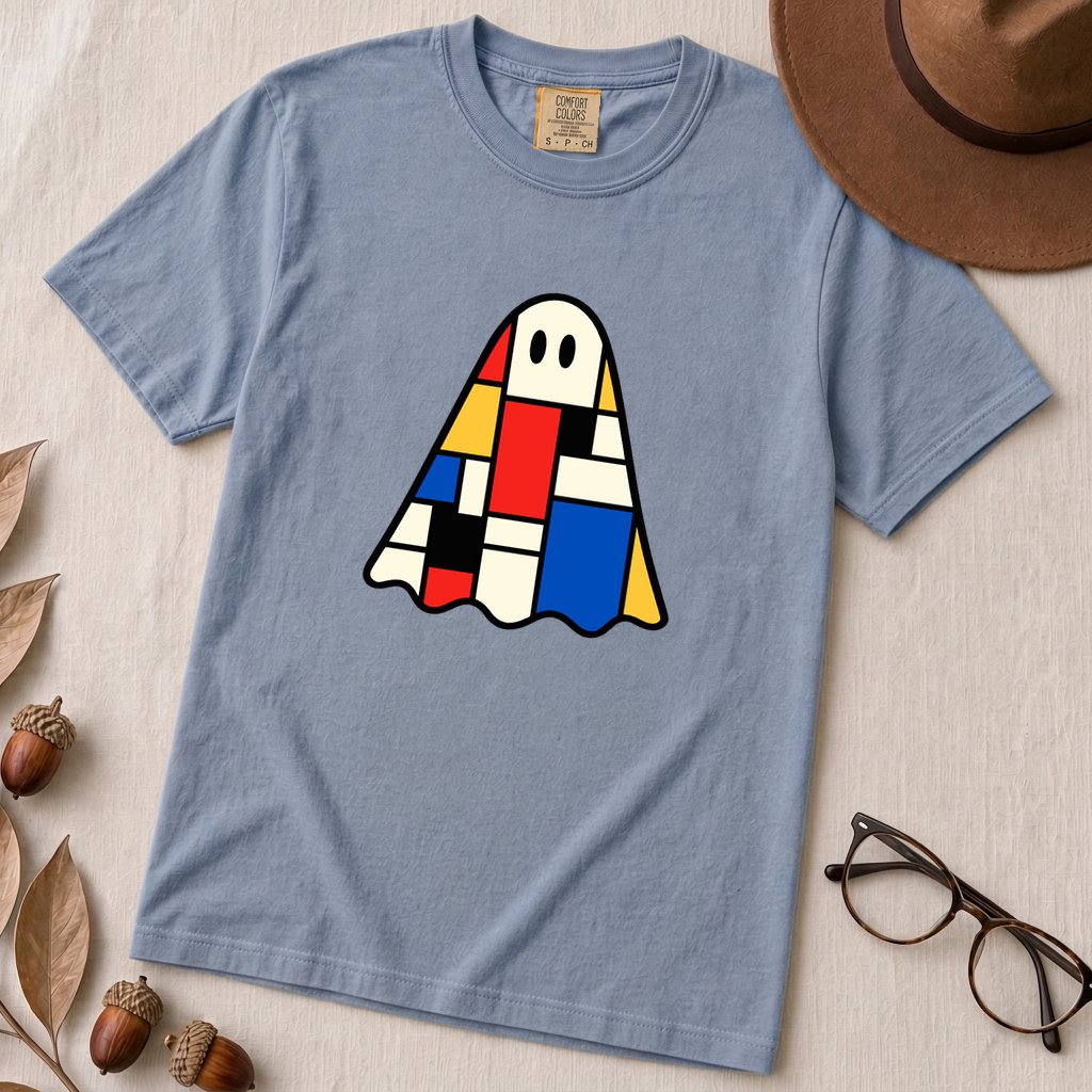 Mondrian-Inspired Ghost T-Shirt - Washed Denim unfolded t-shirt mockup