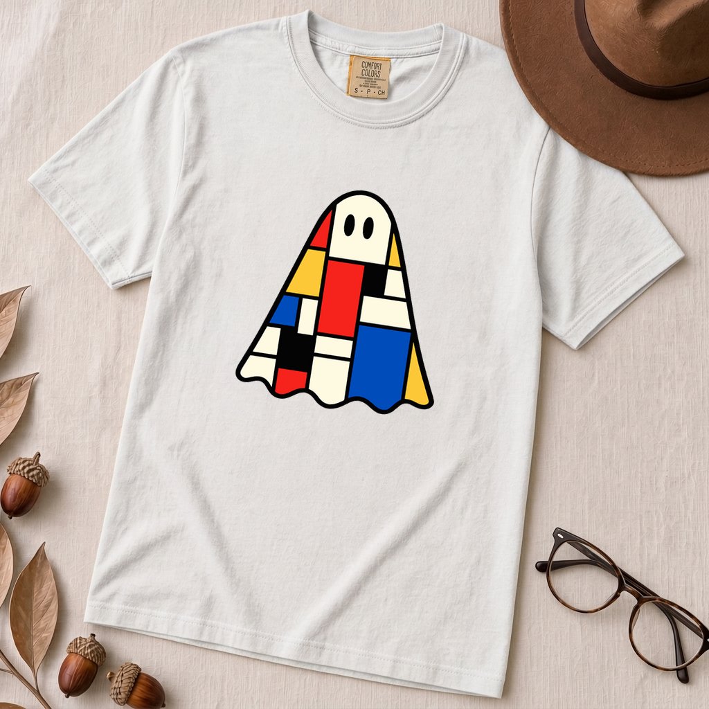 Mondrian-Inspired Ghost T-Shirt - White unfolded t-shirt mockup