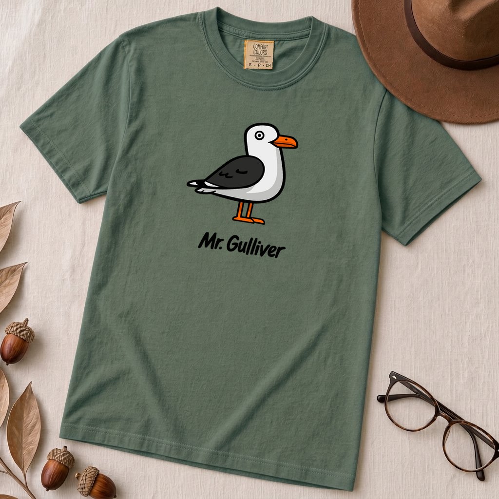 Mr. Gulliver Seagull T-Shirt - Blue Spruce unfolded t-shirt mockup