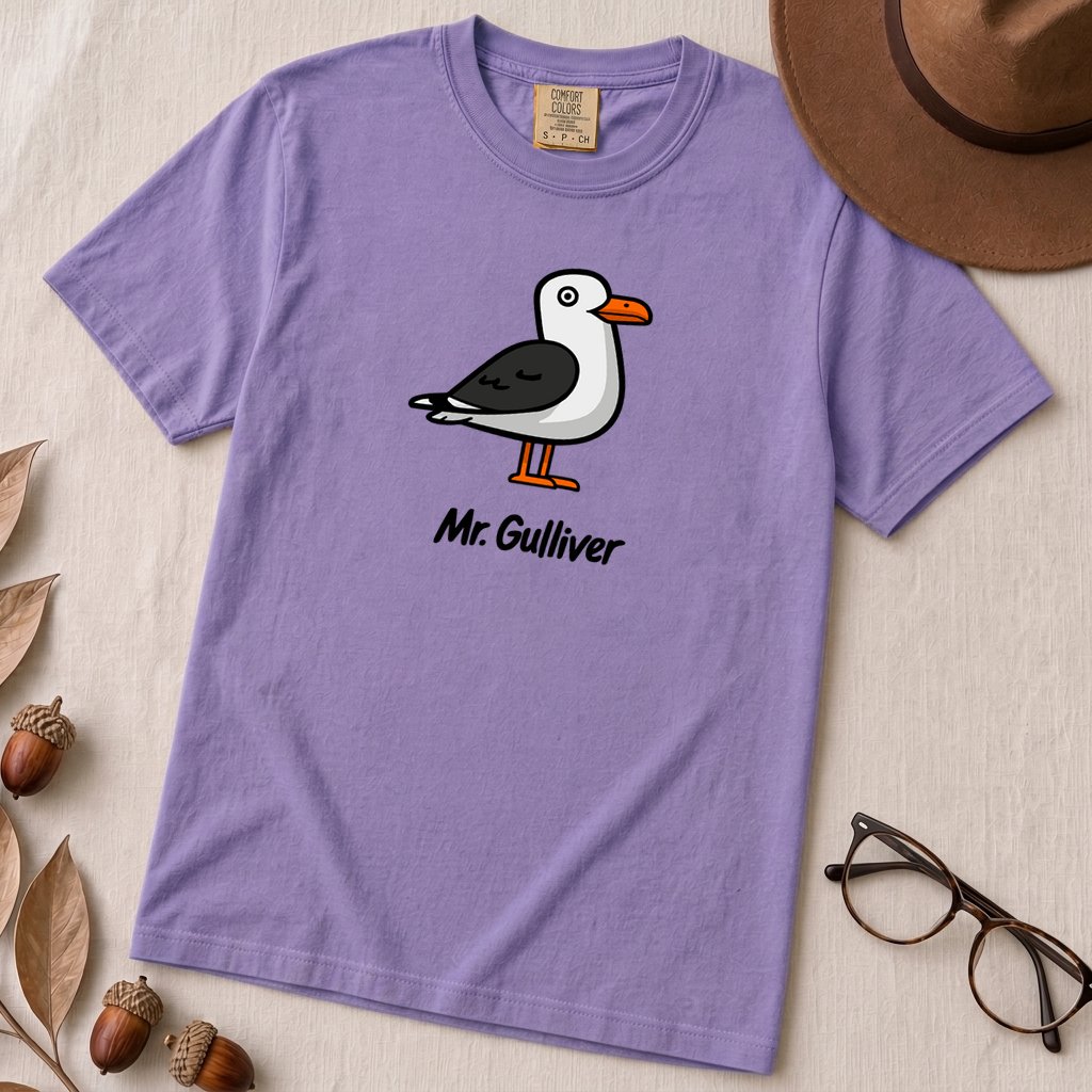 Mr. Gulliver Seagull T-Shirt - Violet unfolded t-shirt mockup