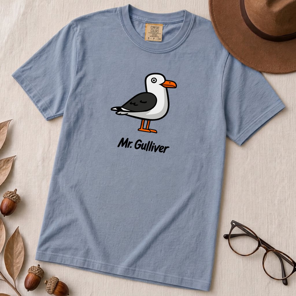 Mr. Gulliver Seagull T-Shirt - Washed Denim unfolded t-shirt mockup