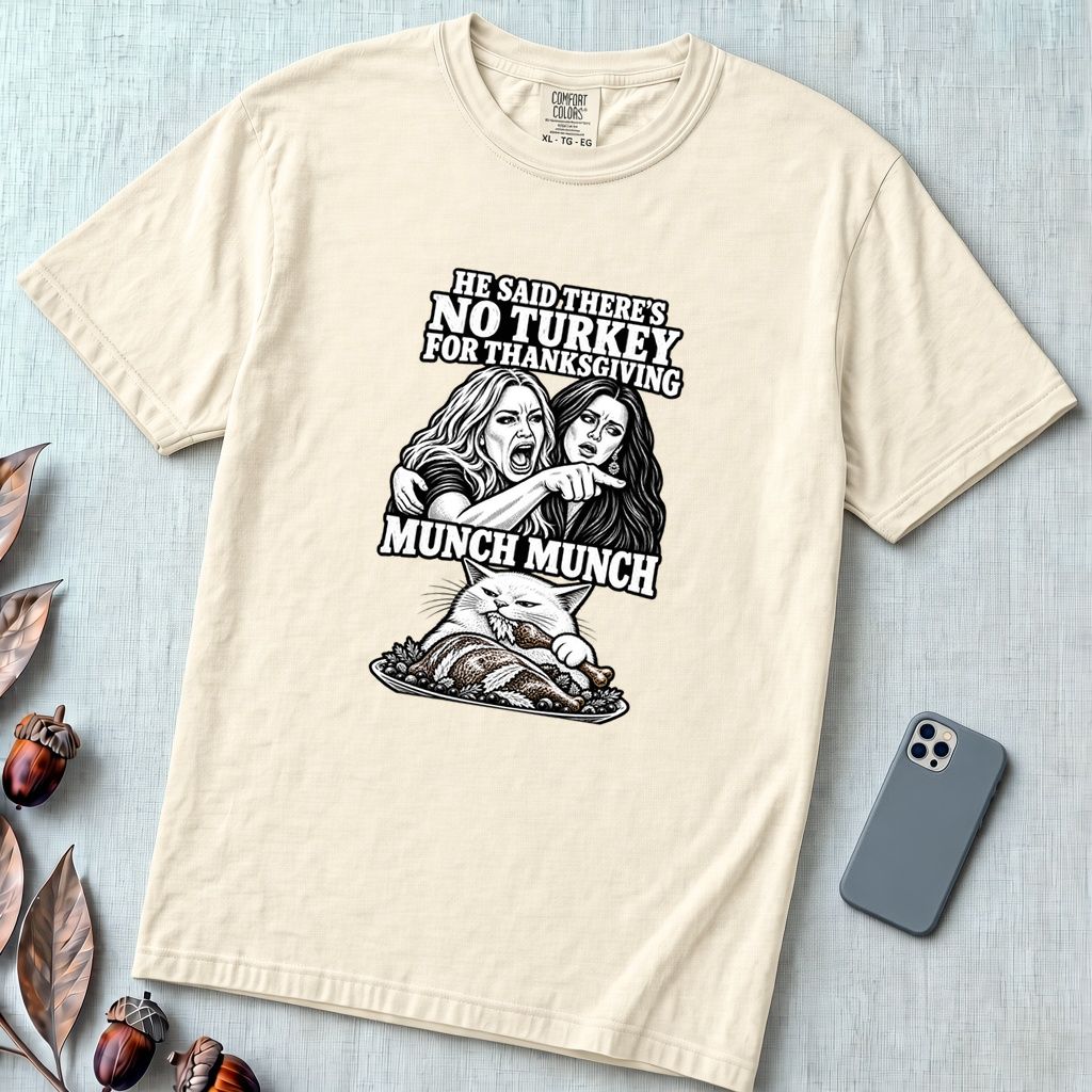 Munch Munch Thanksgiving Cat Meme T-Shirt, Woman Yelling at Cat Graphic Tee, Holiday Dinner Humor - Ivory unfolded t-shirt mockup