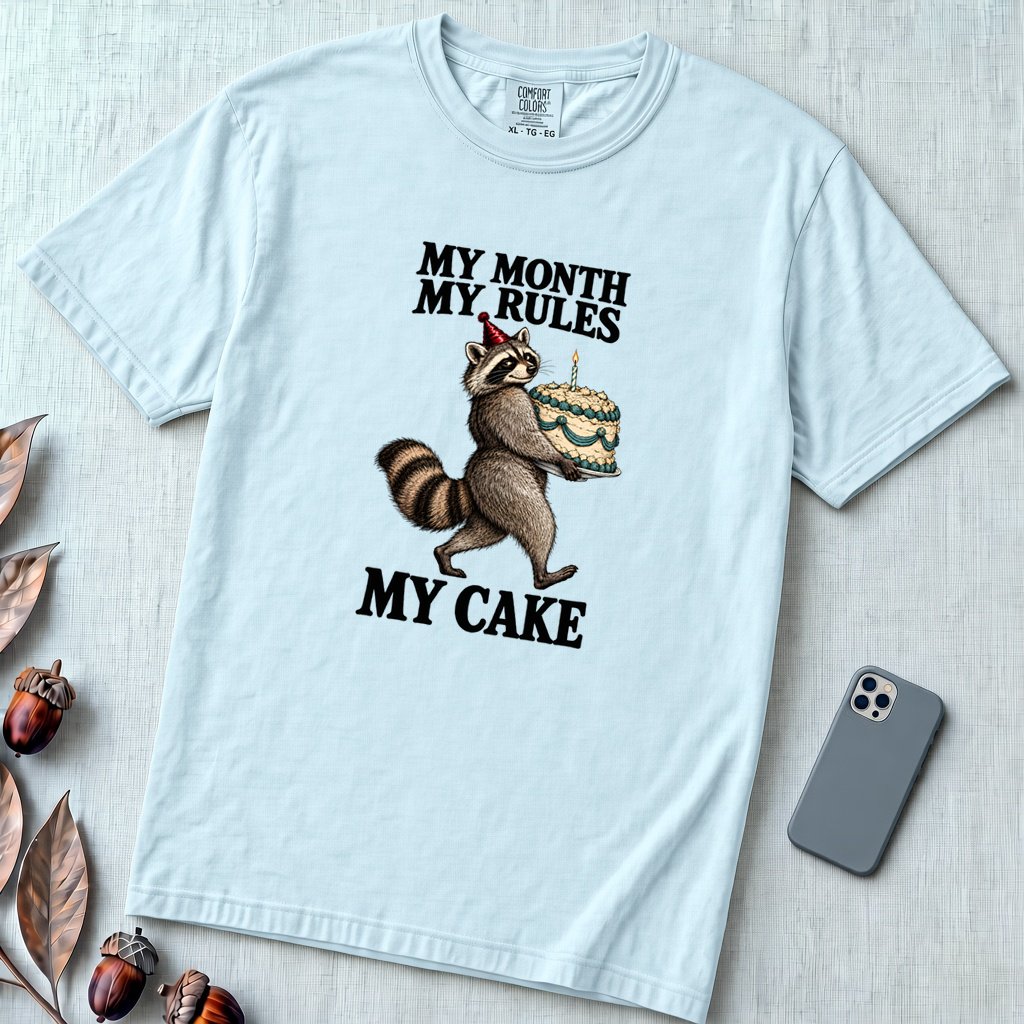 My Month My Rules My Cake Raccoon T-Shirt, Birthday Tee - Chambray unfolded t-shirt mockup