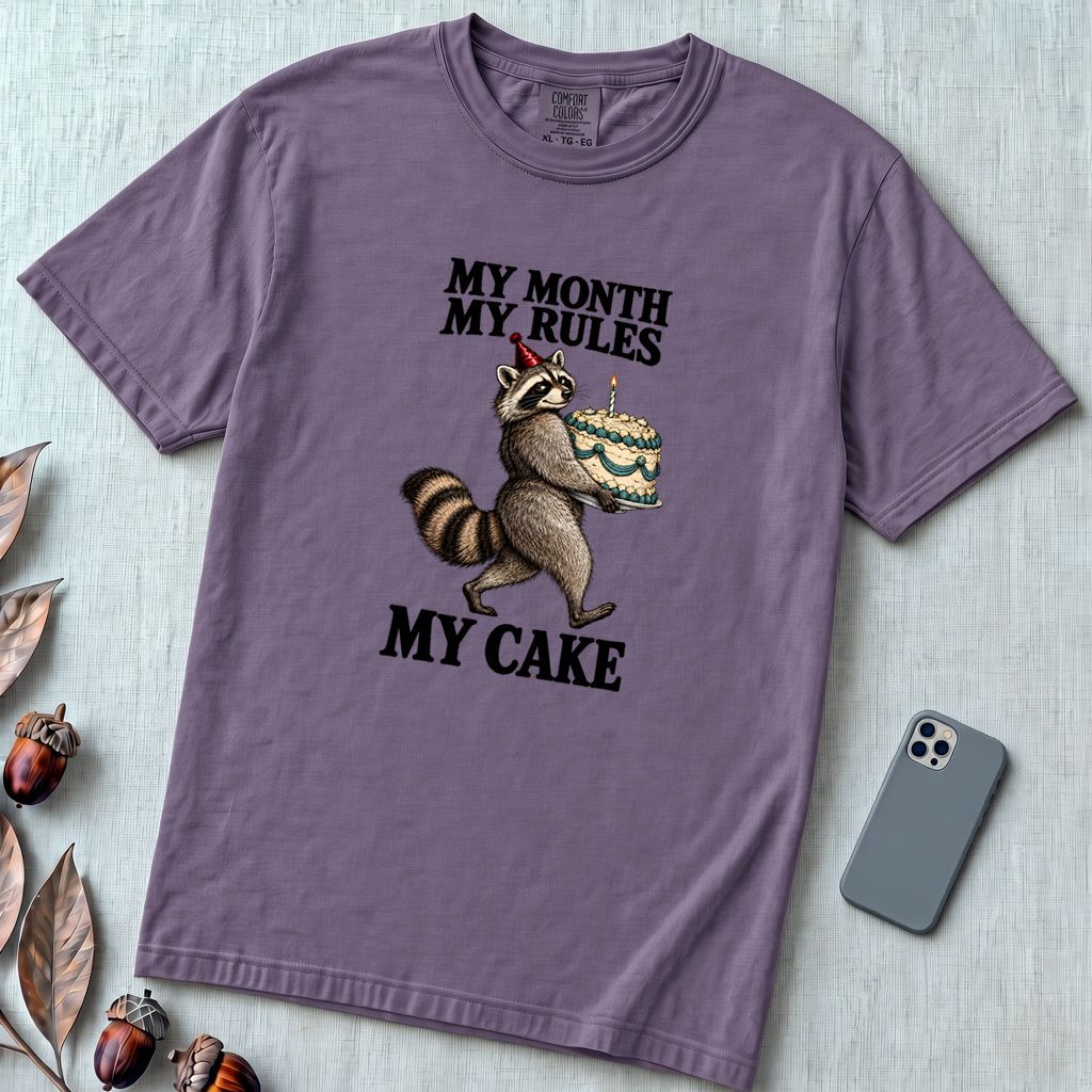 My Month My Rules My Cake Raccoon T-Shirt, Birthday Tee - Grape unfolded t-shirt mockup