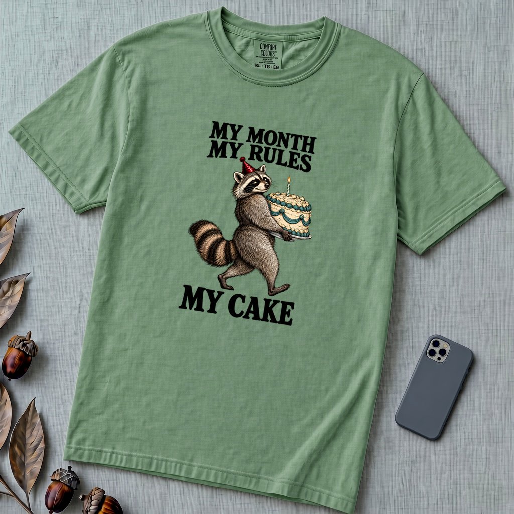 My Month My Rules My Cake Raccoon T-Shirt, Birthday Tee - Light Green unfolded t-shirt mockup