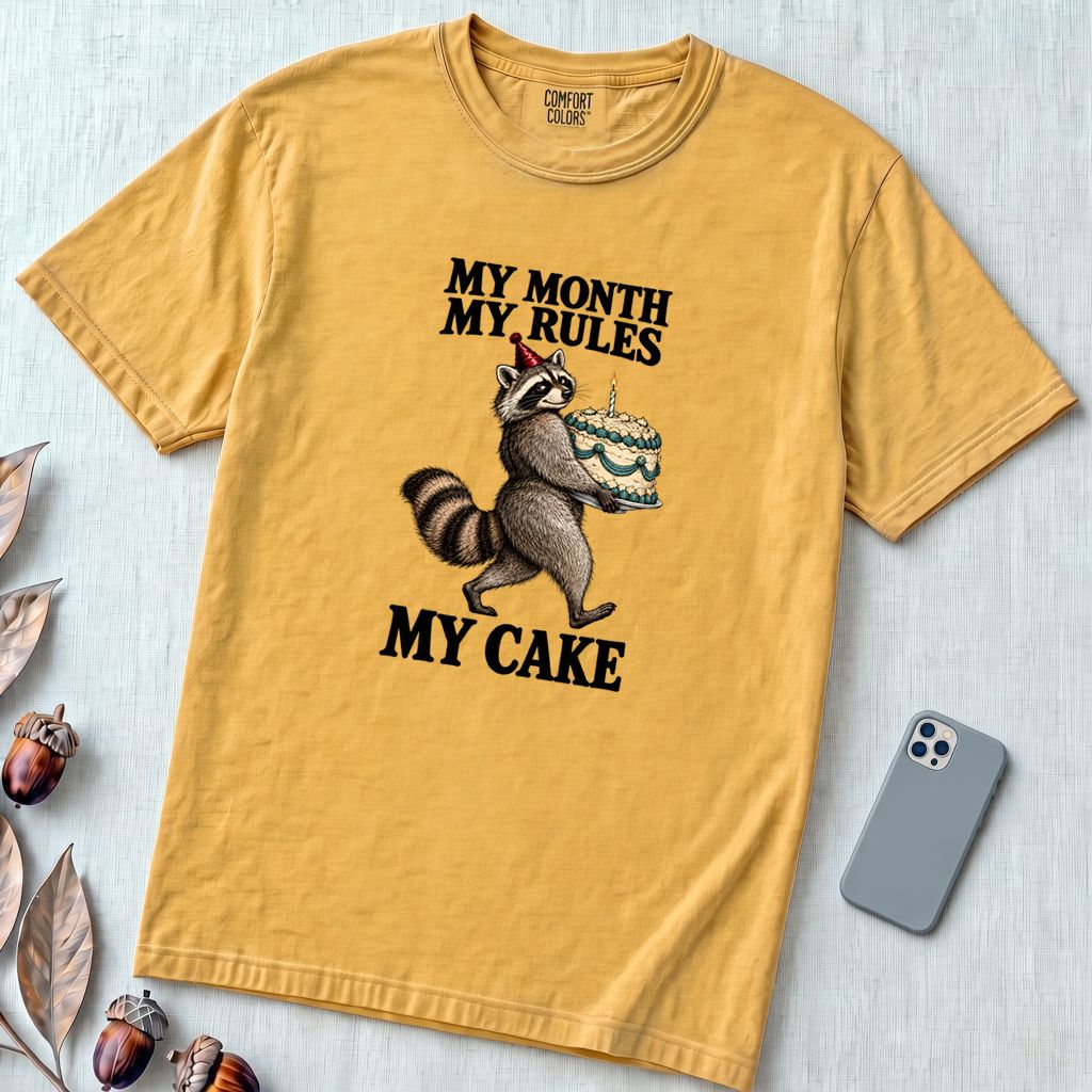 My Month My Rules My Cake Raccoon T-Shirt, Birthday Tee - Mustard unfolded t-shirt mockup