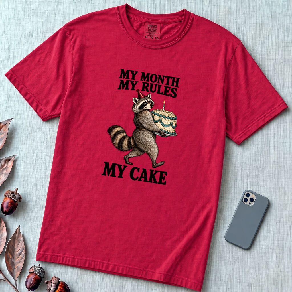 My Month My Rules My Cake Raccoon T-Shirt, Birthday Tee - Red unfolded t-shirt mockup
