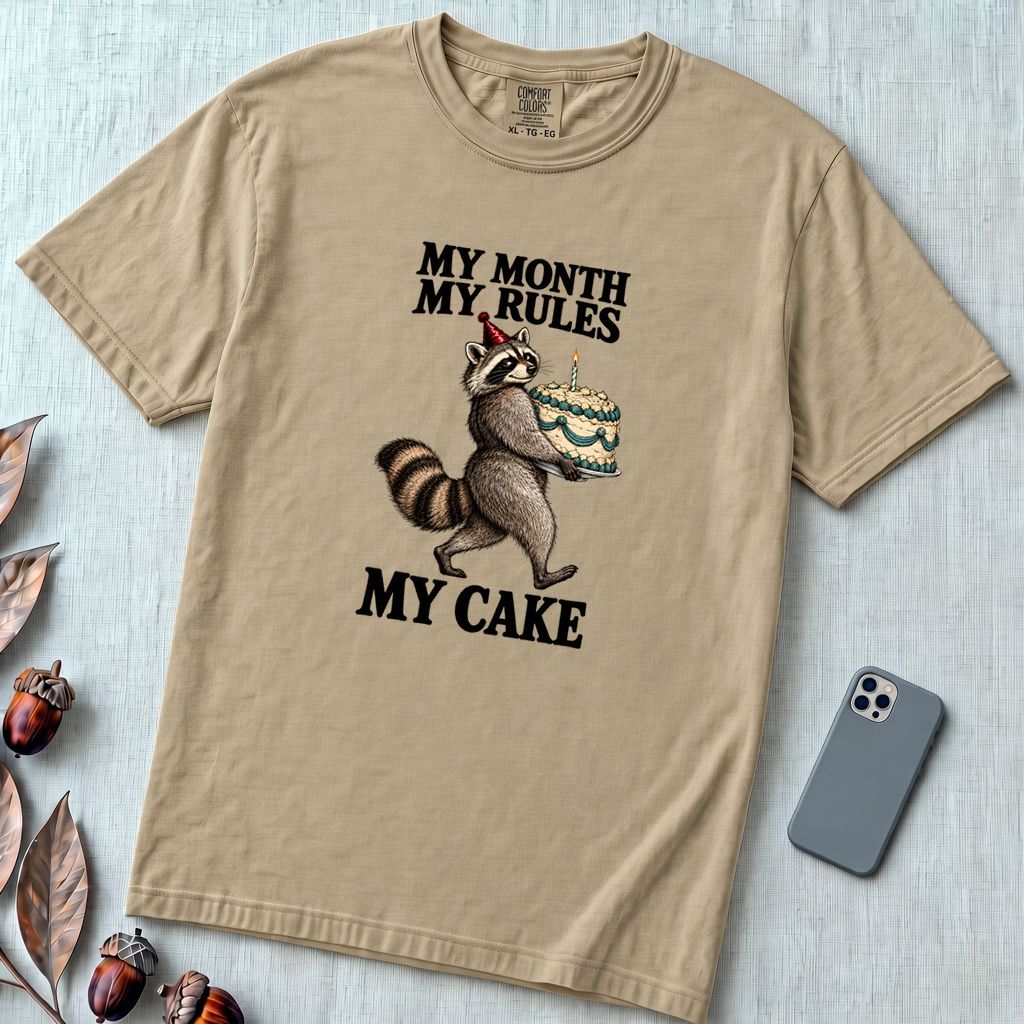 My Month My Rules My Cake Raccoon T-Shirt, Birthday Tee - Sandstone unfolded t-shirt mockup