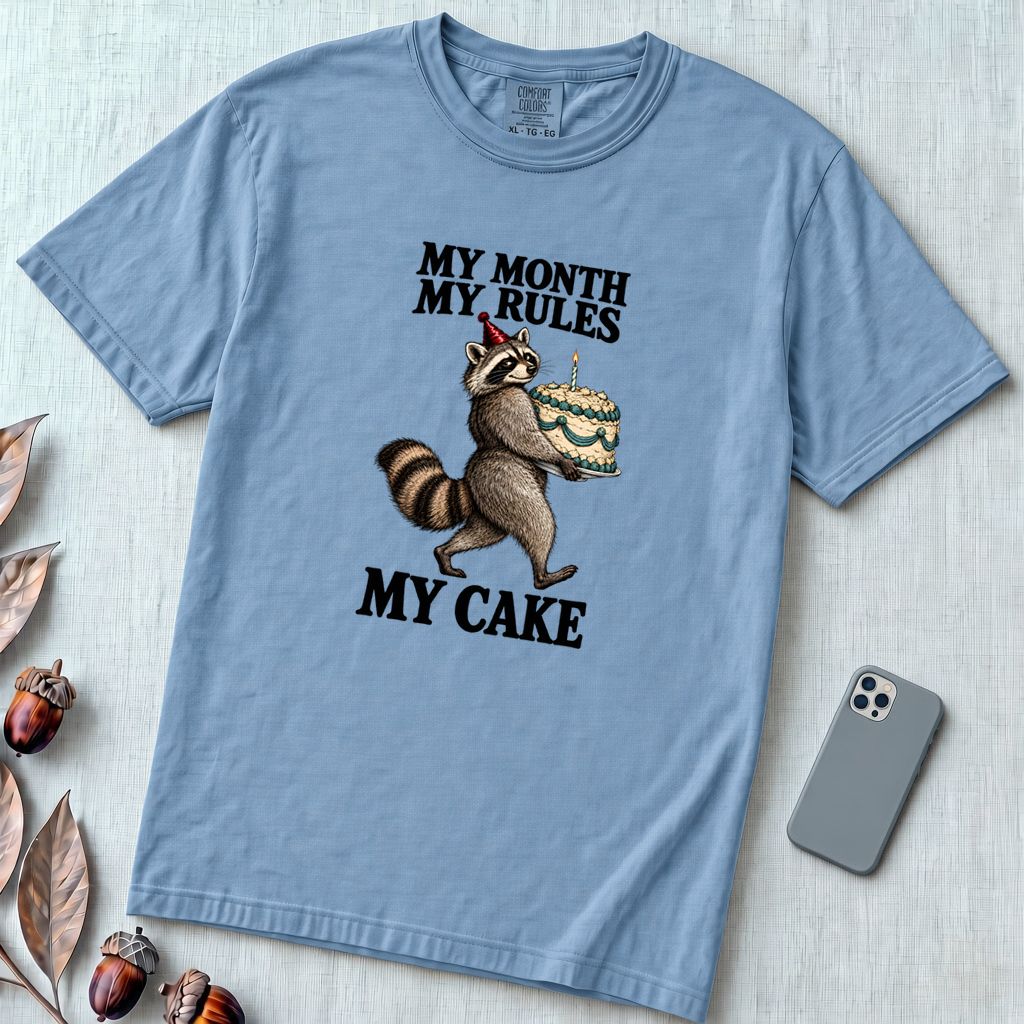 My Month My Rules My Cake Raccoon T-Shirt, Birthday Tee - Washed Denim unfolded t-shirt mockup