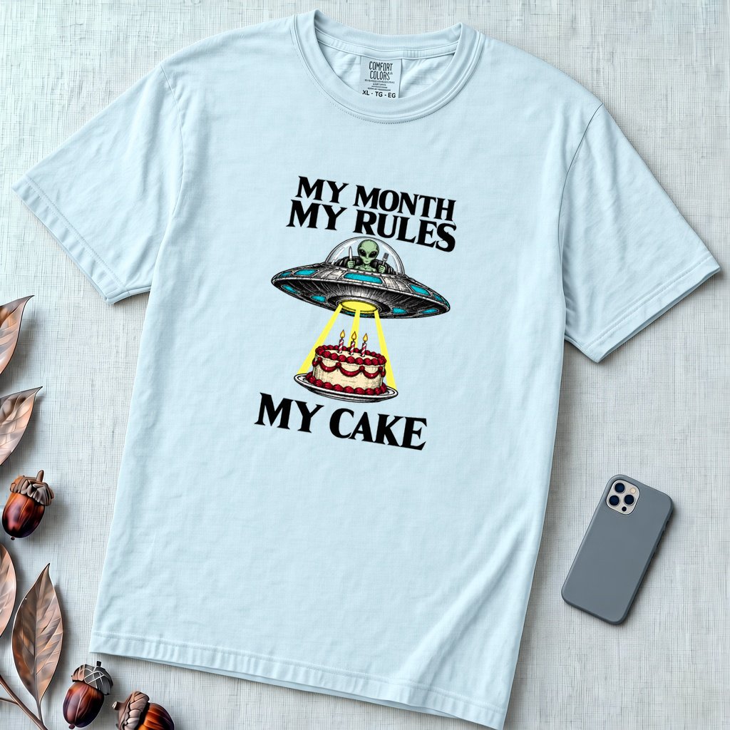 My Month My Rules My Cake UFO T-Shirt - Chambray unfolded t-shirt mockup