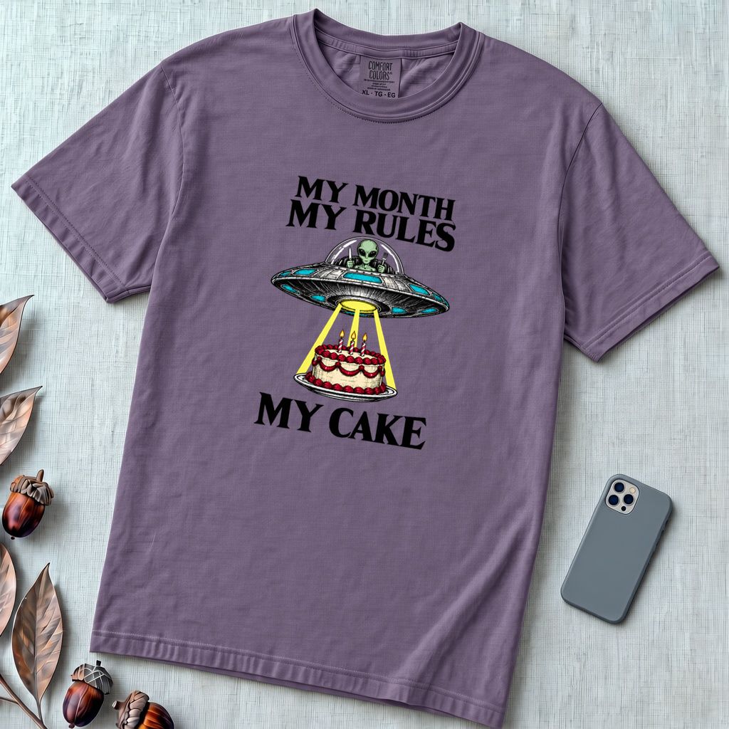 My Month My Rules My Cake UFO T-Shirt - Grape unfolded t-shirt mockup