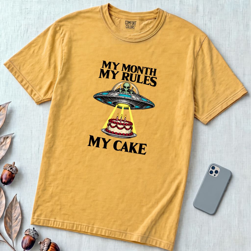 My Month My Rules My Cake UFO T-Shirt - Mustard unfolded t-shirt mockup