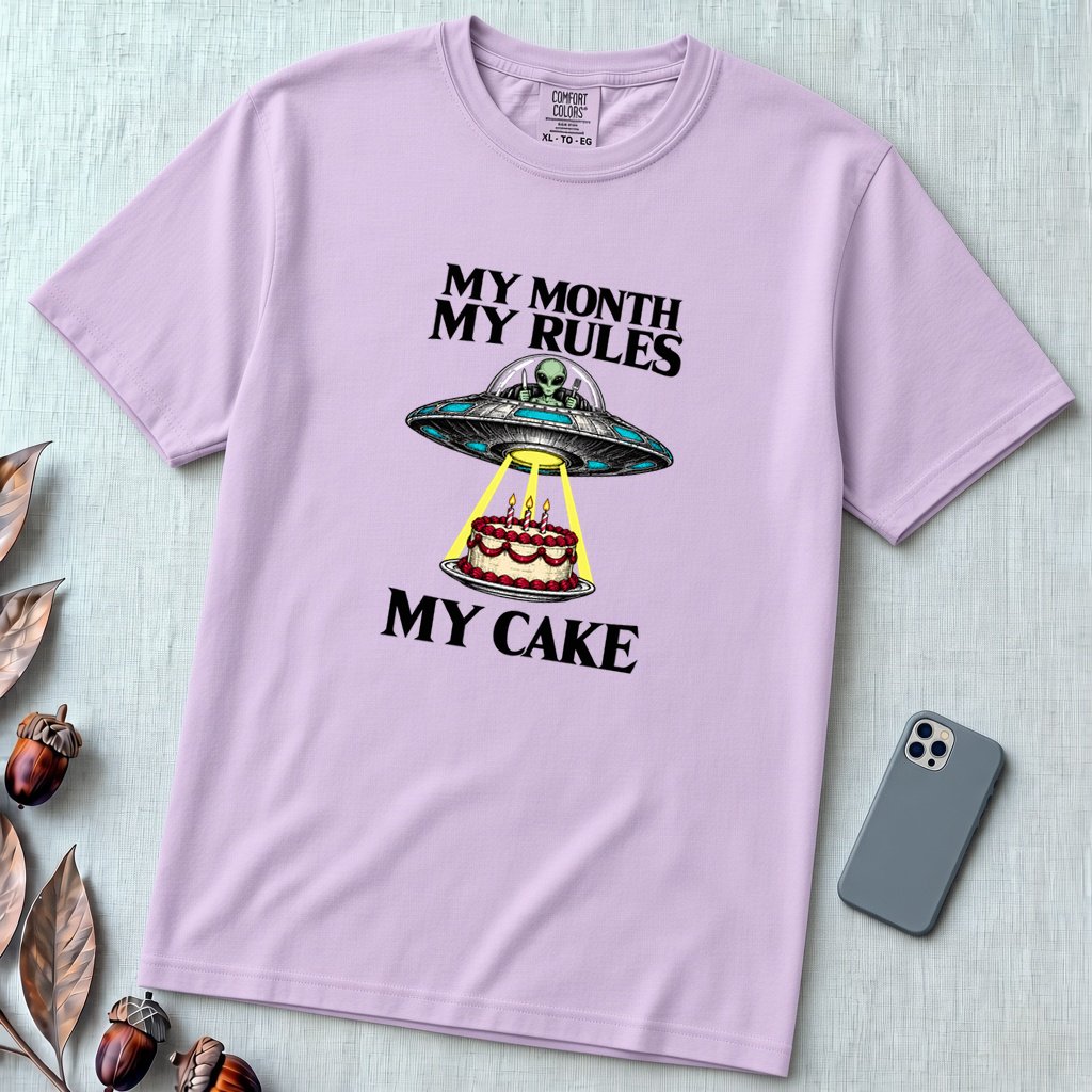 My Month My Rules My Cake UFO T-Shirt - Orchid unfolded t-shirt mockup