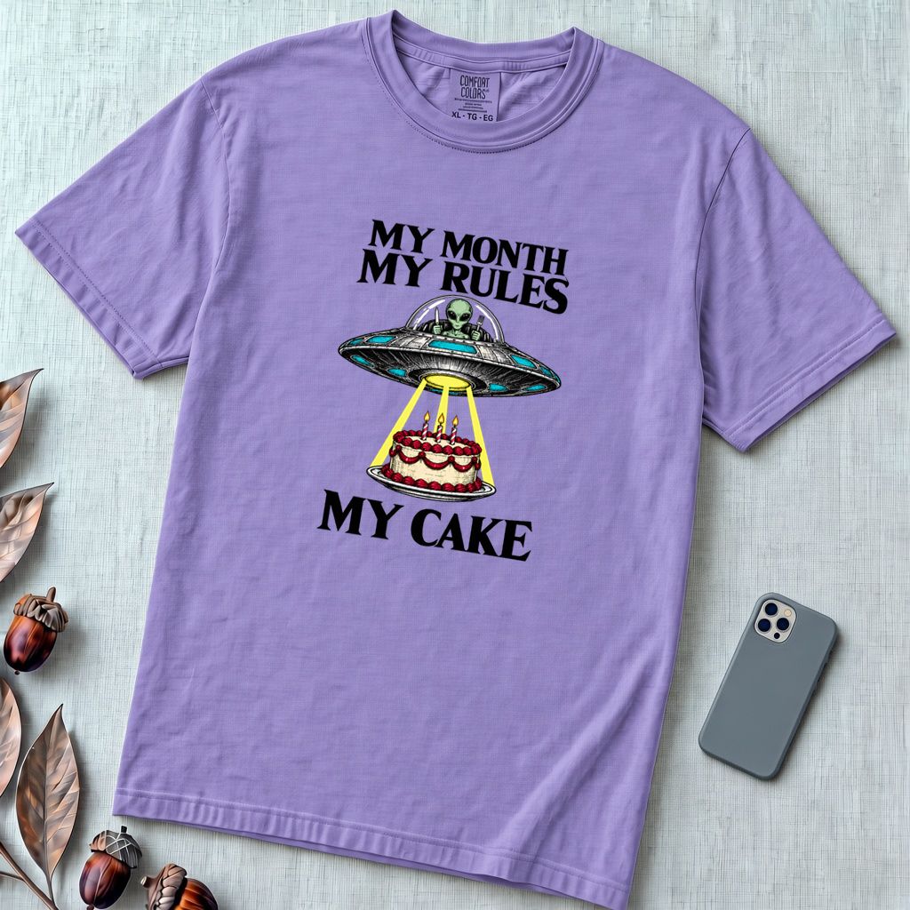 My Month My Rules My Cake UFO T-Shirt - Violet unfolded t-shirt mockup