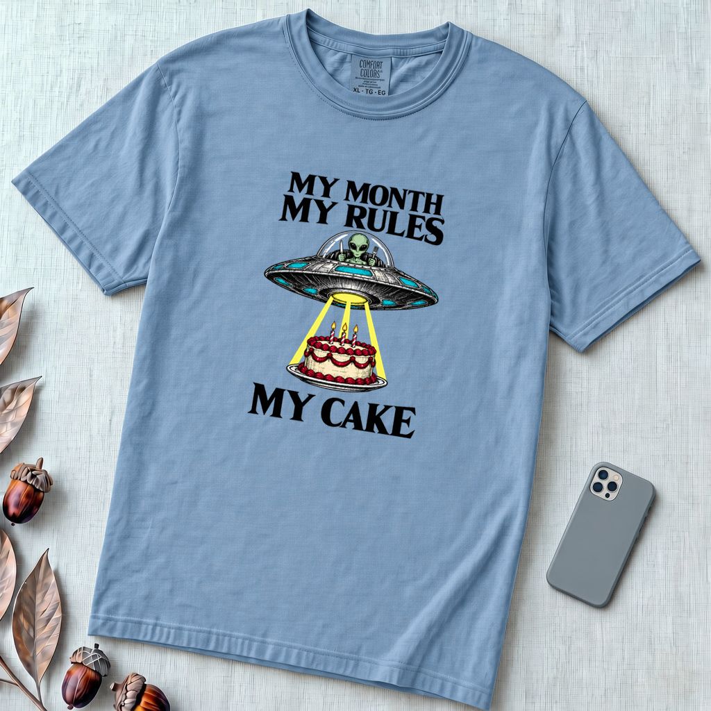 My Month My Rules My Cake UFO T-Shirt - Washed Denim unfolded t-shirt mockup